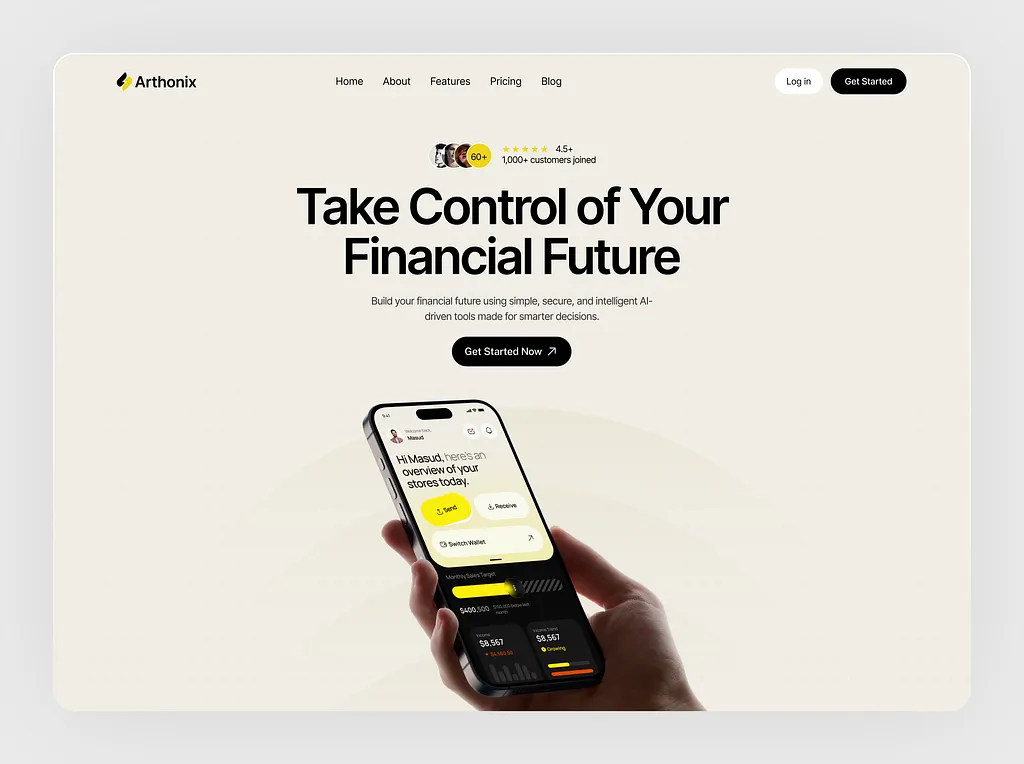 SaaS website hero section for a financial app showing a smartphone interface with AI-driven budgeting and financial insights.
