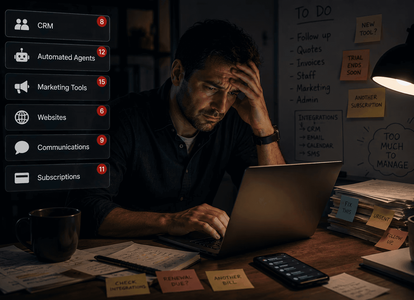 Business owner working late at night feeling overwhelmed by multiple software tools, subscriptions, admin tasks, and disconnected business systems.