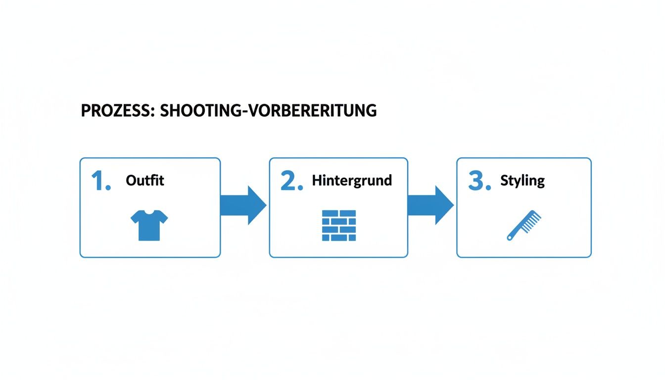 Prozessschritte zur Shooting-Vorbereitung: Outfit, Hintergrund und Styling sind entscheidend für ein gutes Bild.