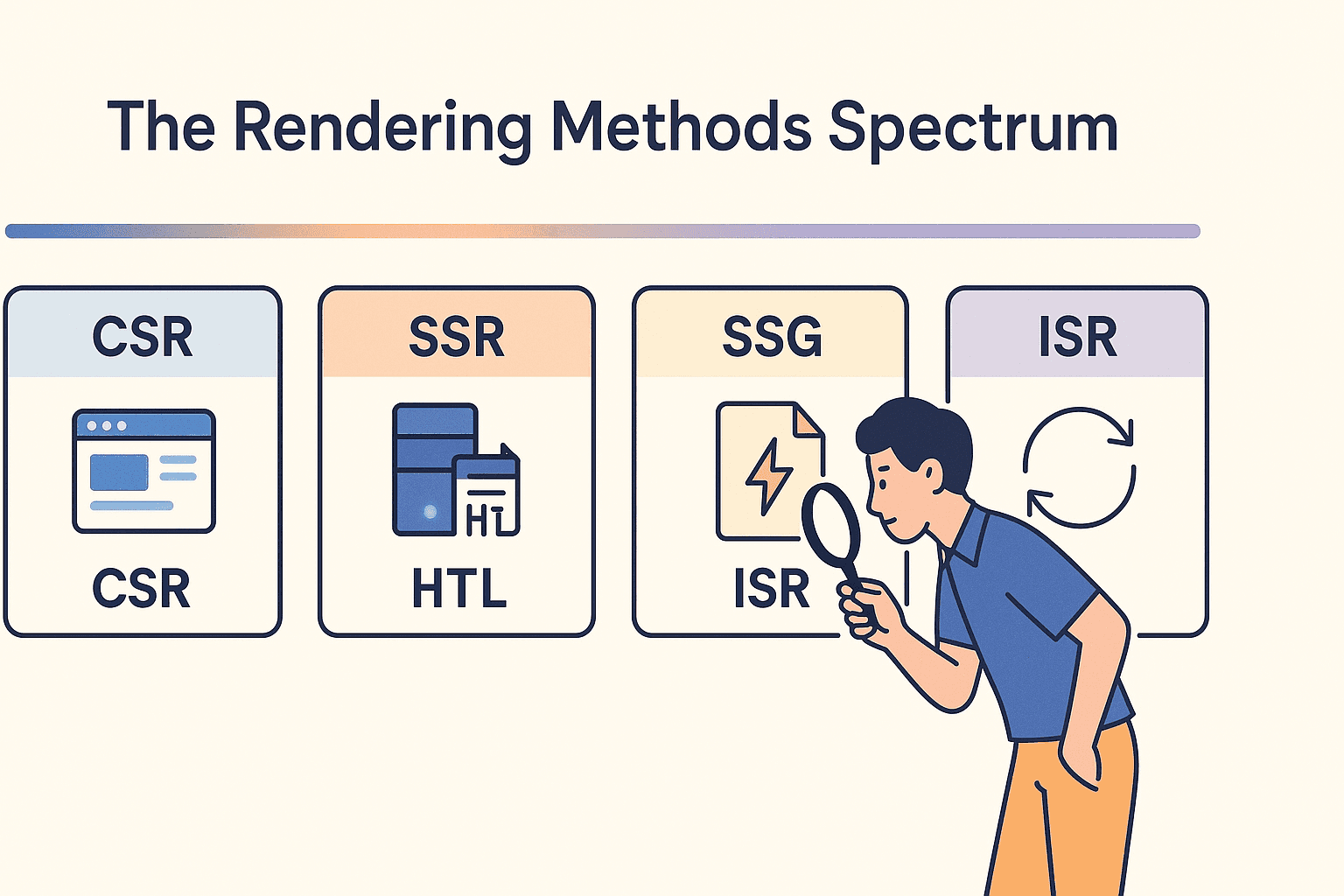 Flat illustration showing the rendering methods spectrum (CSR, SSR, SSG, ISR) with icons and a developer analyzing options using a magnifying glass.