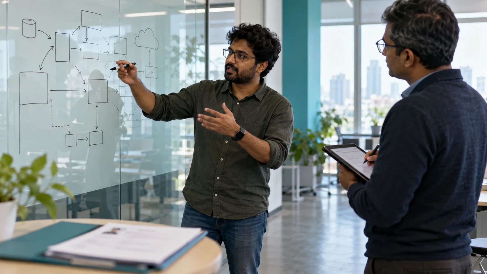 Candidate demonstrates a technical solution on a whiteboard while a hiring assessor evaluates their skills using a structured rubric.