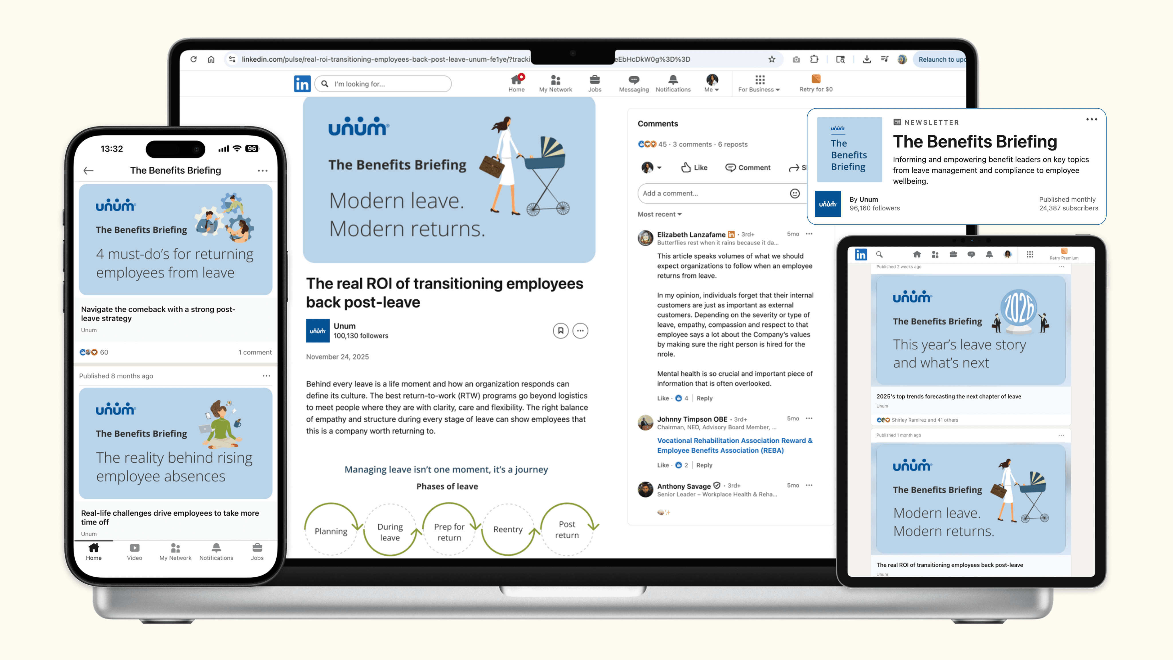 The Benefits Briefing displayed across iPhone, MacBook, and a LinkedIn newsletter card.
