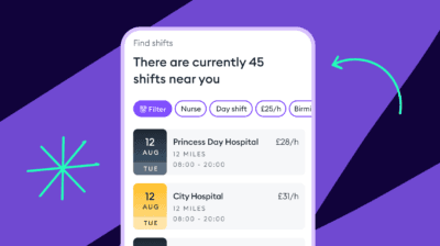 Mobile app screen displaying available nearby shifts with filters, dates, locations, and hourly rates.