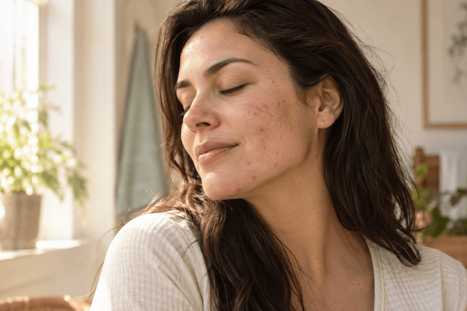 Woman with natural skin texture in warm daylight