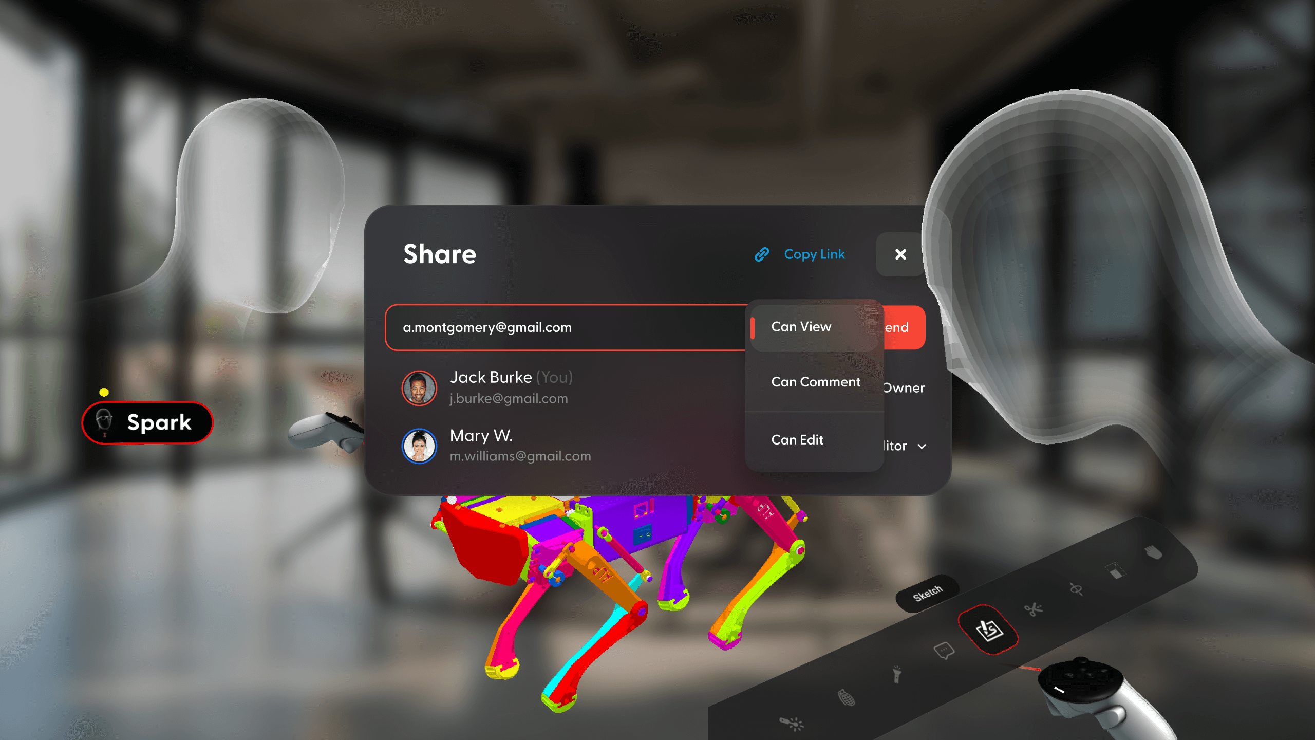 A window showing Campfire's sharing functionality is overlaid on a 3D model