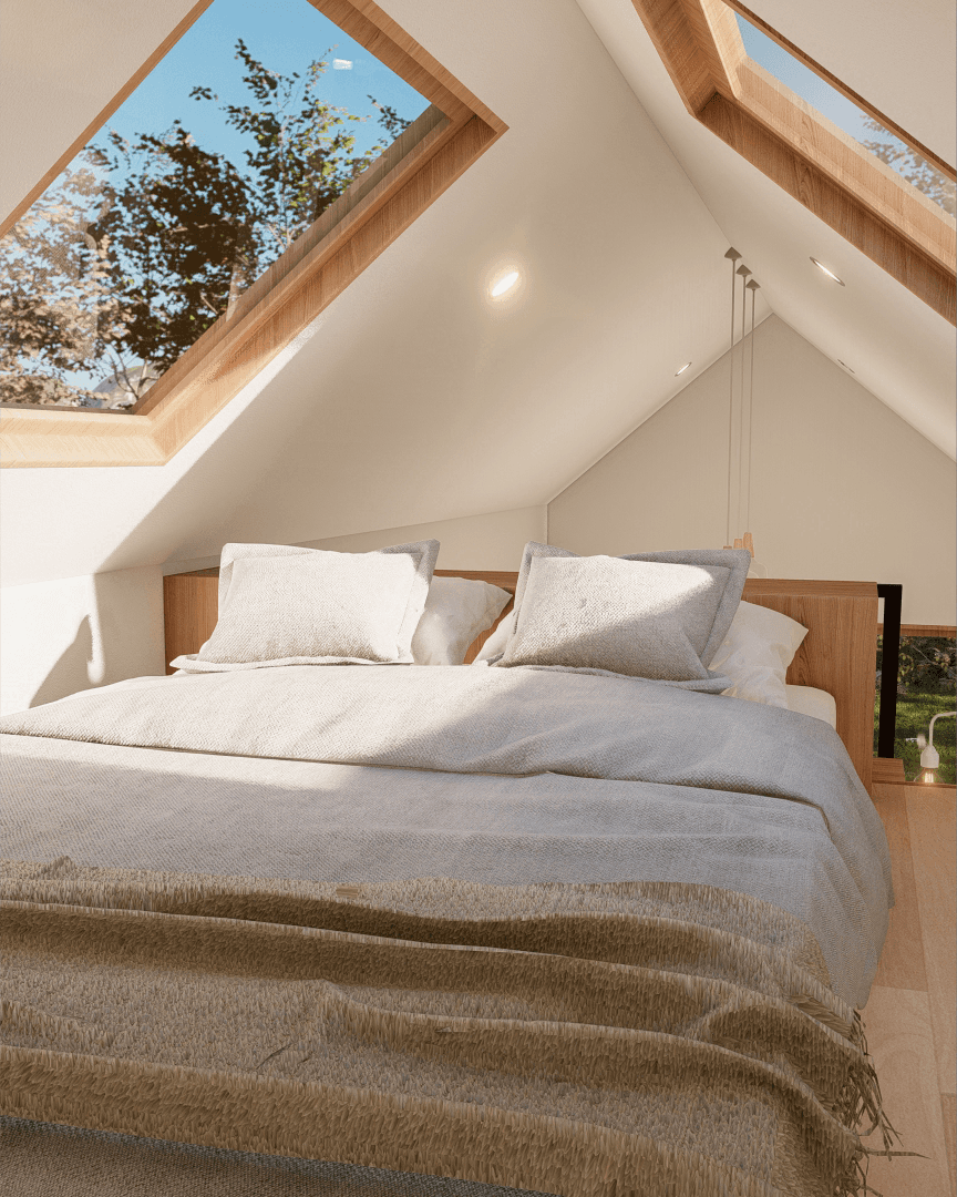 Nordic House 7m/24ft loft tiny house bedroom with skylights