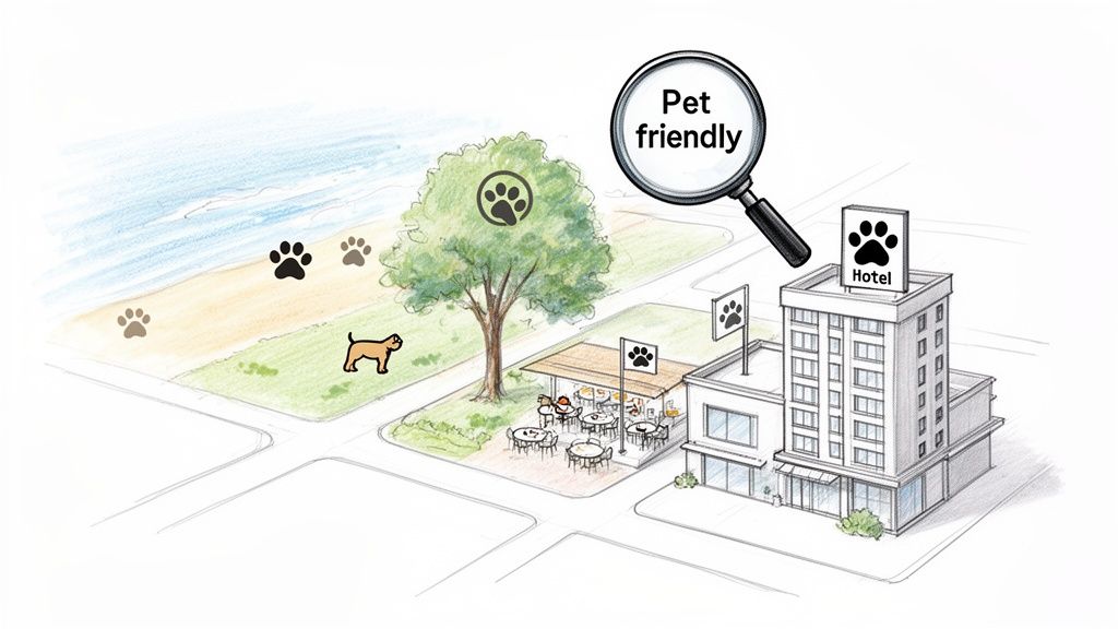 An illustration of a pet-friendly town with a beach, park, cafe, and hotel marked with paw prints.