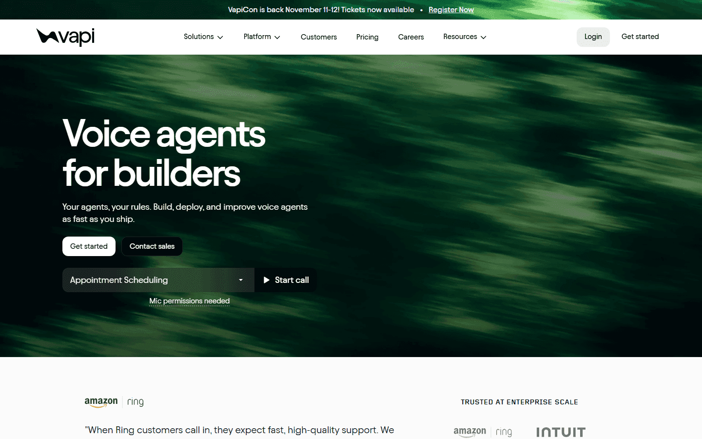 The Vapi homepage, headlined "Voice agents for builders," with a Start call demo for appointment scheduling.
