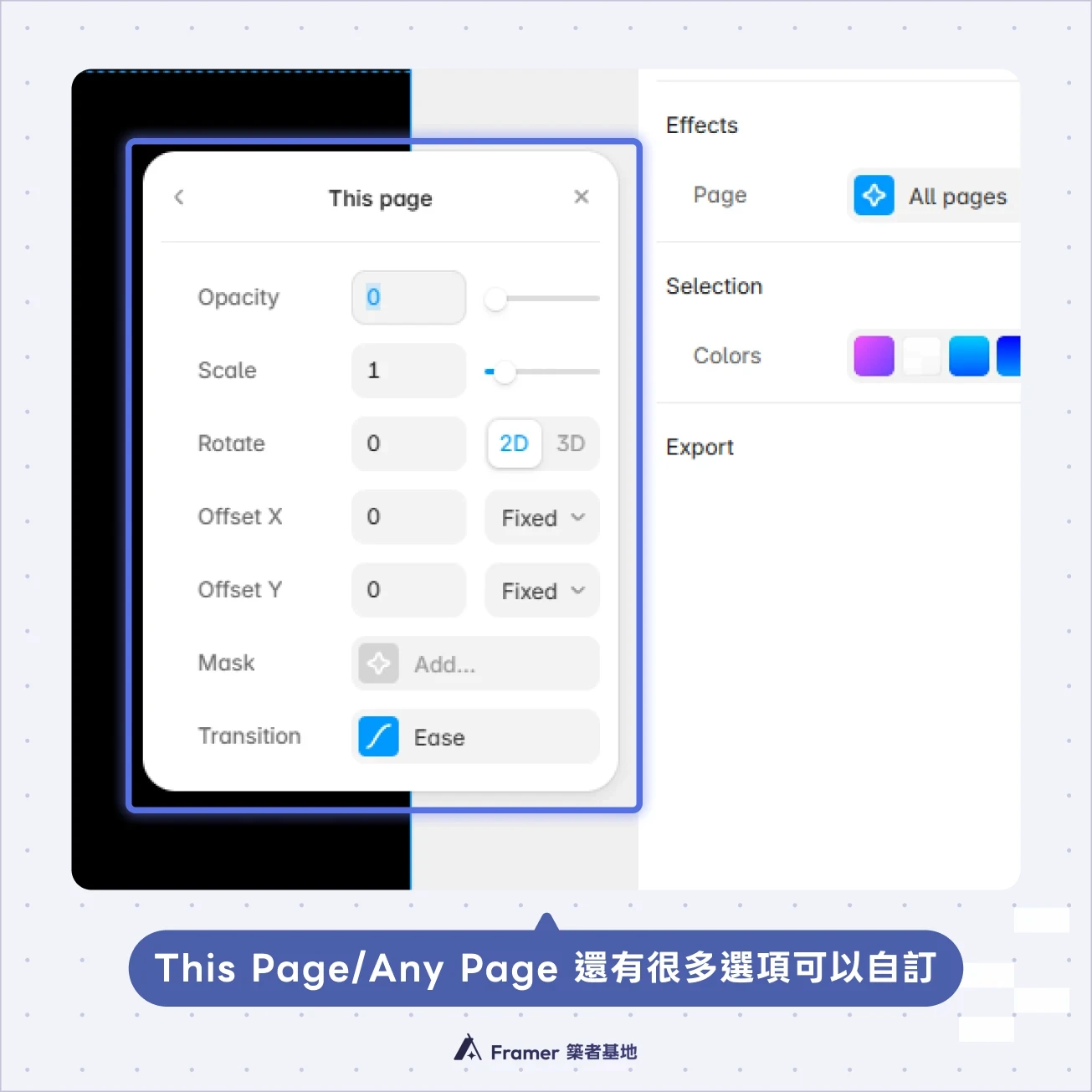 Framer All Pages Page Effect 設定，顯示 This Page 與 Any Page 的透明度、縮放、旋轉與 Transition 選項