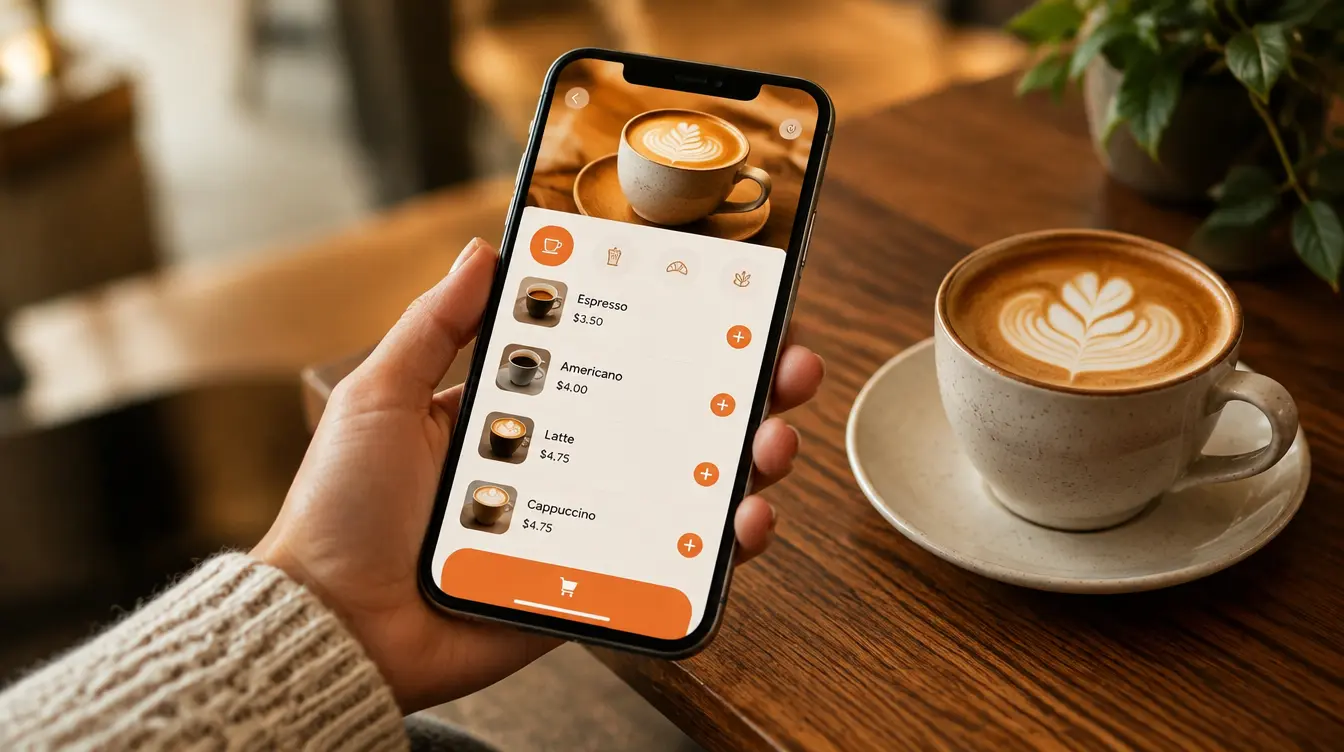 Phone displaying a clean café ordering app interface near a coffee cup