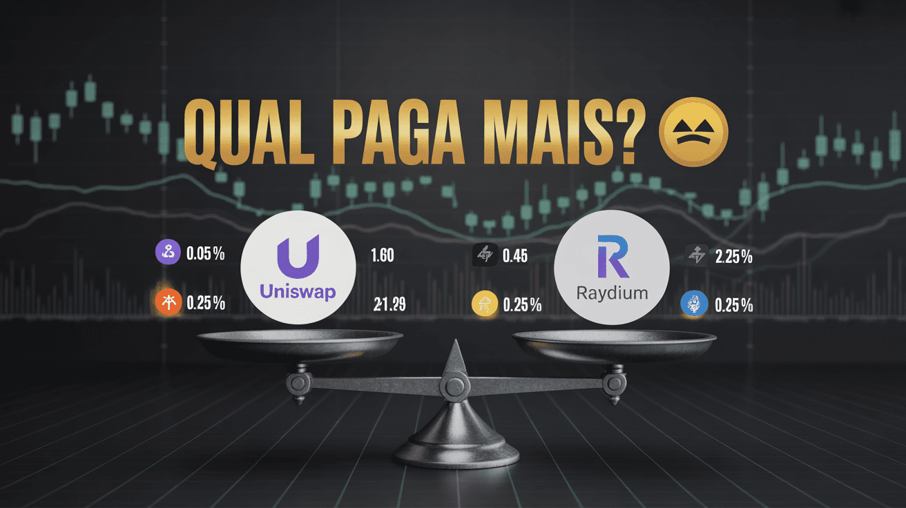 Balance scale comparing Uniswap and Raydium over charts with Qual paga mais text