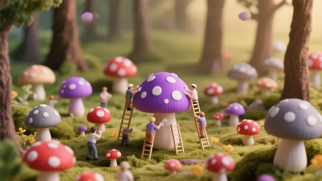 Miniature people using ladders to build and paint a large purple mushroom in a whimsical forest filled with colorful toadstools.