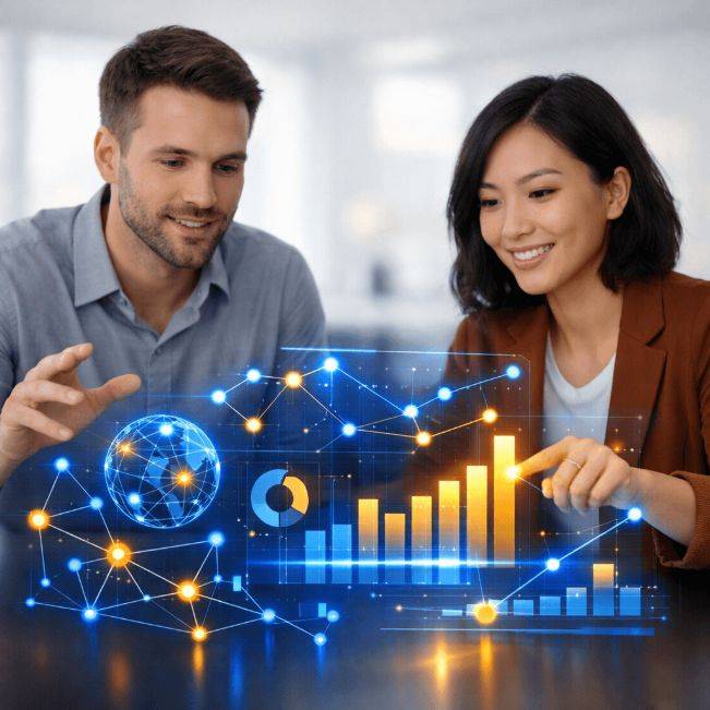 Un hombre y una mujer colaboran en una interfaz digital que muestra gráficos y visualizaciones de datos.