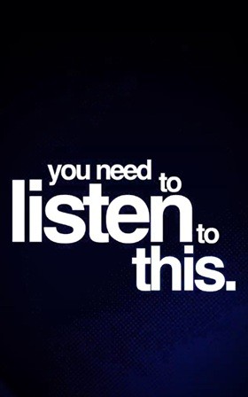 Minimalist graphic with bold white text on a dark blue background reading “you need to listen to this,” emphasizing an audio or content recommendation.