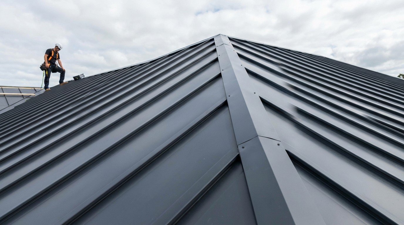 Modern home with charcoal gray standing seam metal roof showing raised vertical seams