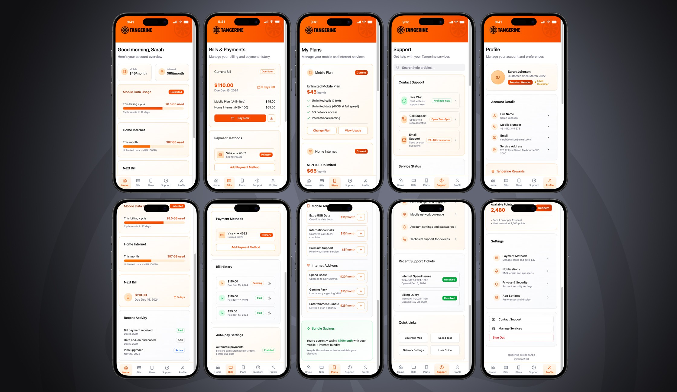 Tangerine mobile app - all screens