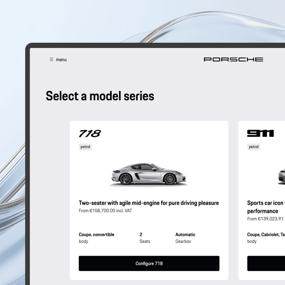 The image depicts a sleek, modern interface of a car manufacturer's website featuring two high-performance sports car models, the Porsche 718 and the Porsche 911, with detailed pricing and configuration options displayed against a minimalistic background.