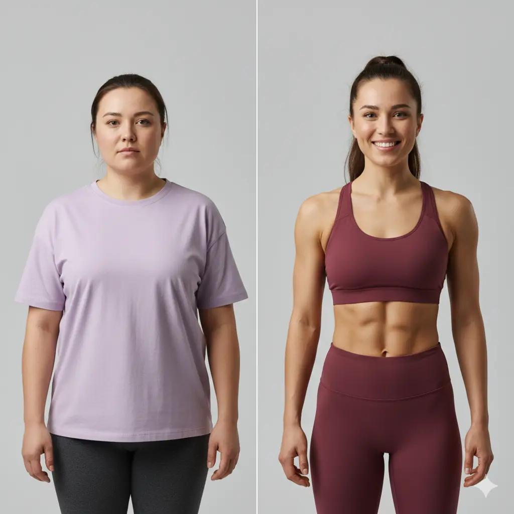 Side-by-side comparison of a woman standing against a light background, shown before and after a fitness transformation, wearing a loose T-shirt on the left and workout clothing on the right.