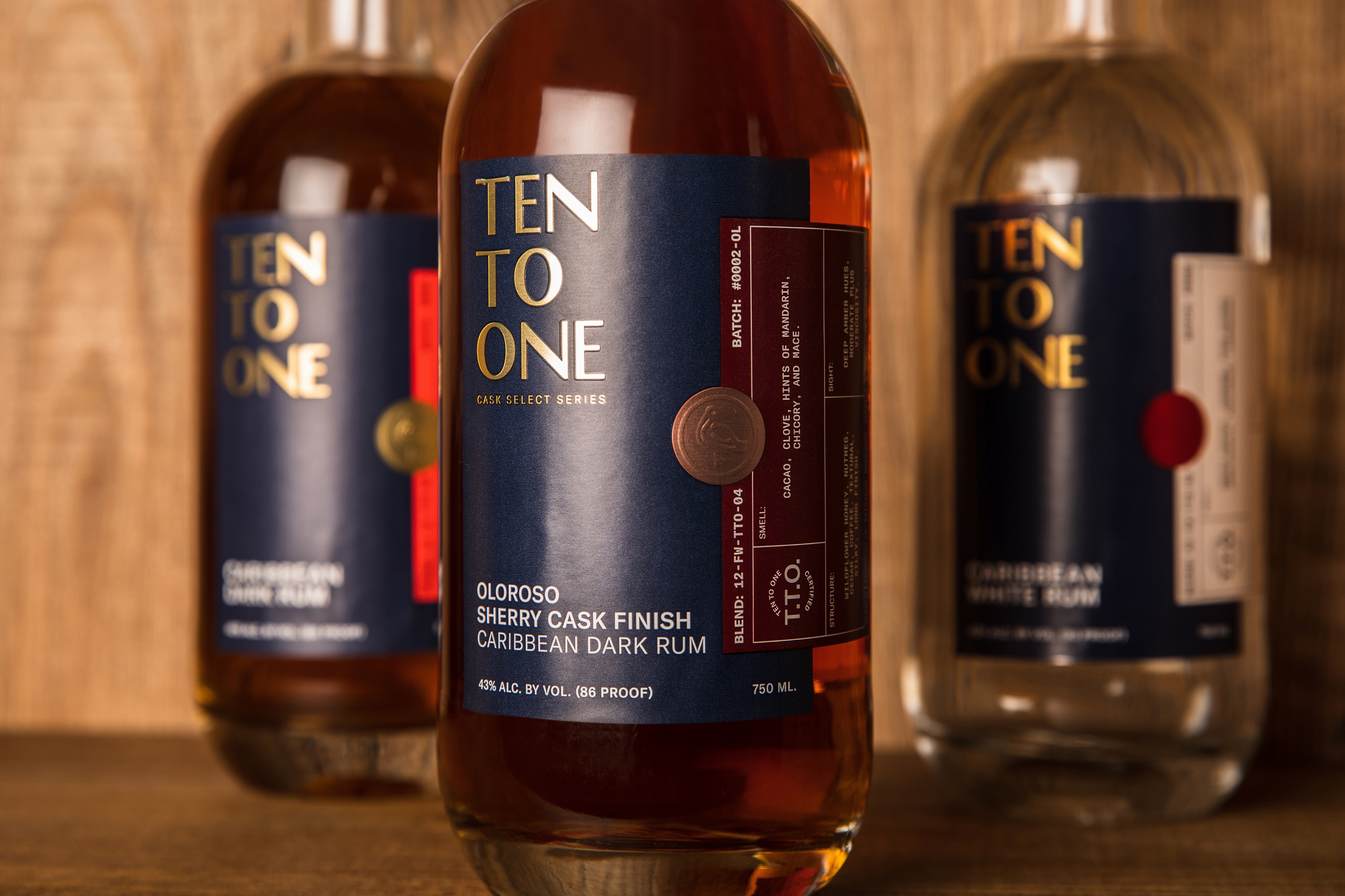 Close-up of a Ten To One rum bottle label with two additional bottles softly blurred in the background.