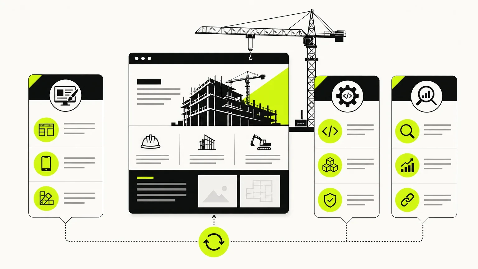 construction website redesign services — Infographic illustrating various redesign services for construction websites. for Frummerin Digital