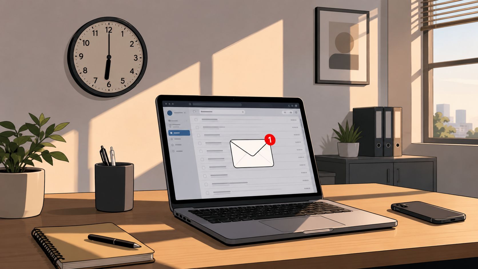 A modern home office desk with a laptop displaying an email notification, notebook, and a clock.