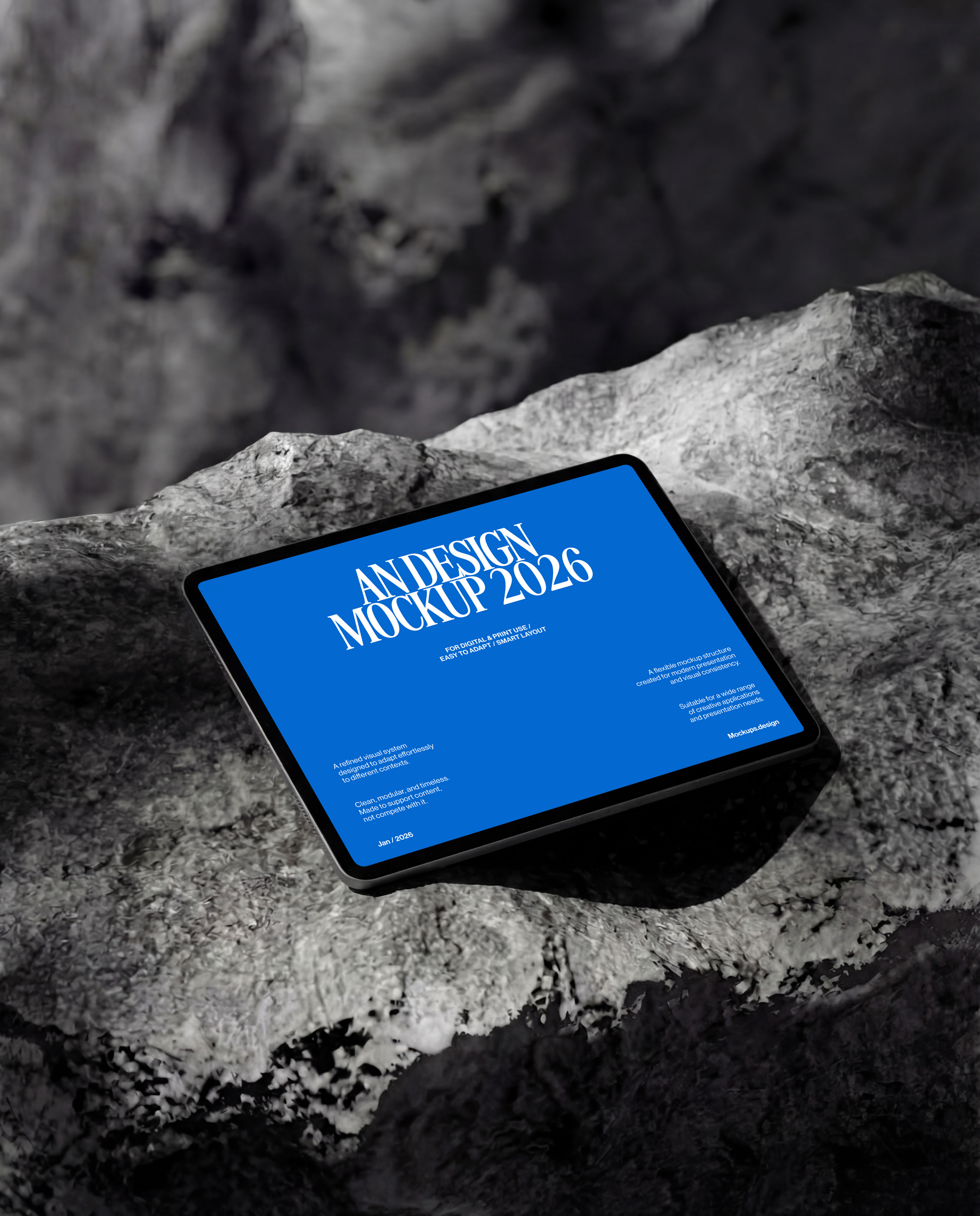 iPad mockup on dark rock surface, realistic device display