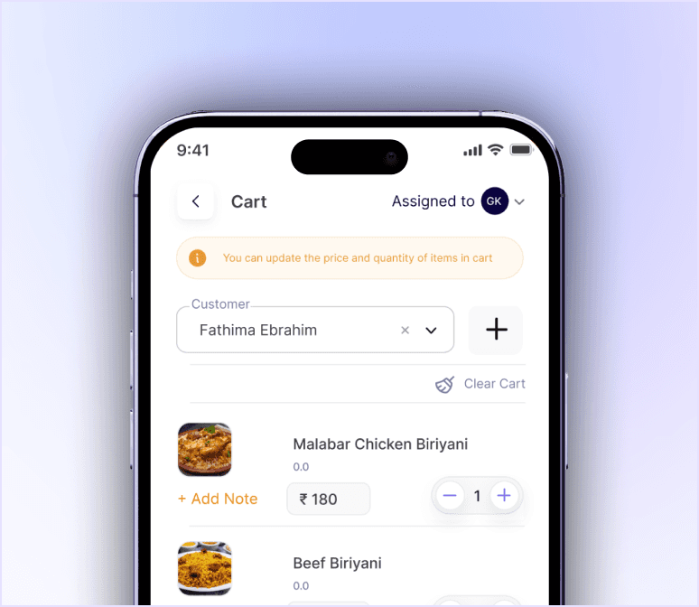 Free POS billing ERP mobile app interface showing order cart and restaurant billing system on smartphone screen, modern cloud ERP software for seamless POS billing and inventory management.