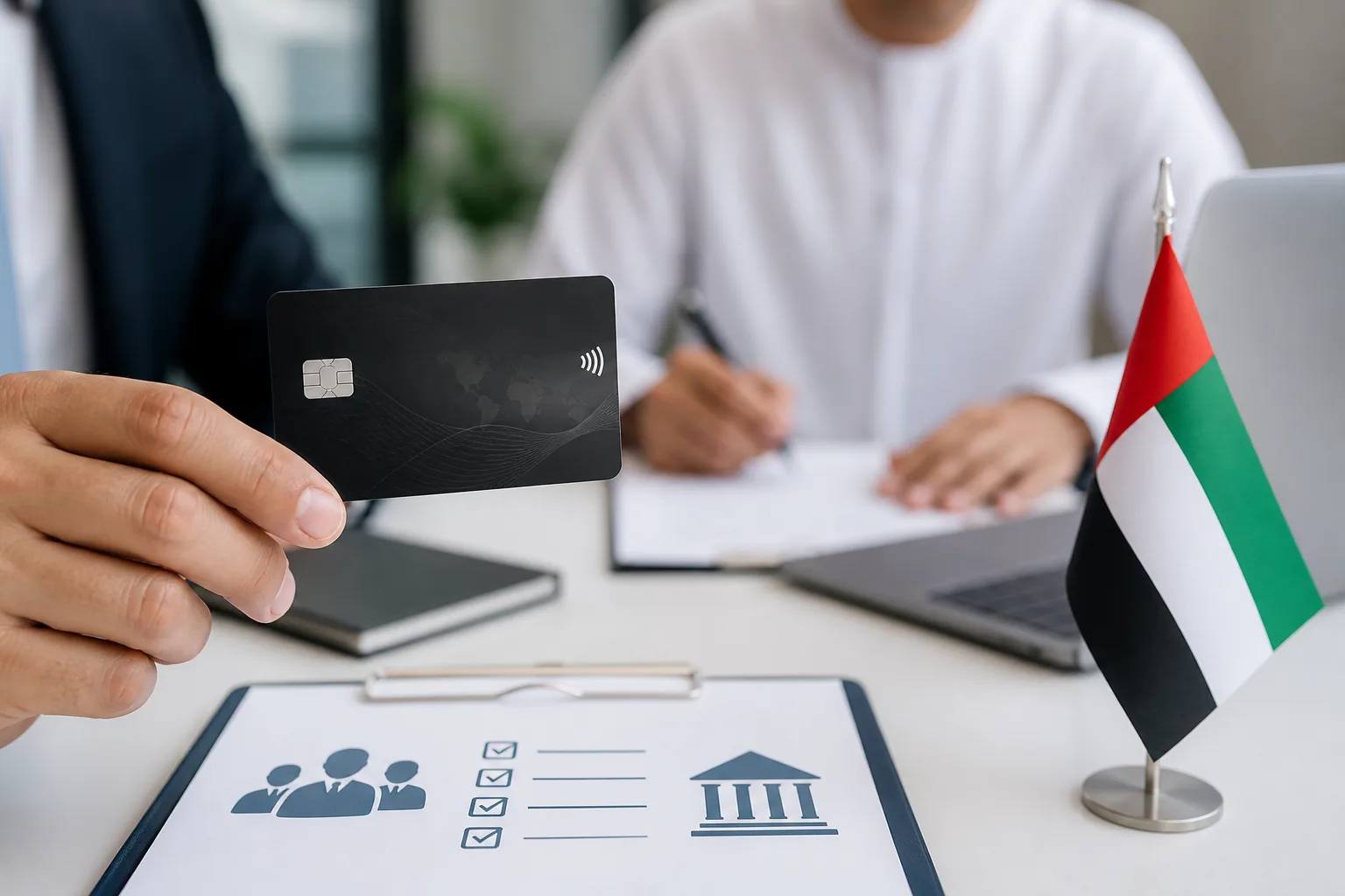 Corporate Card for a UAE Company beside a corporate bank card, payment terminal and signed