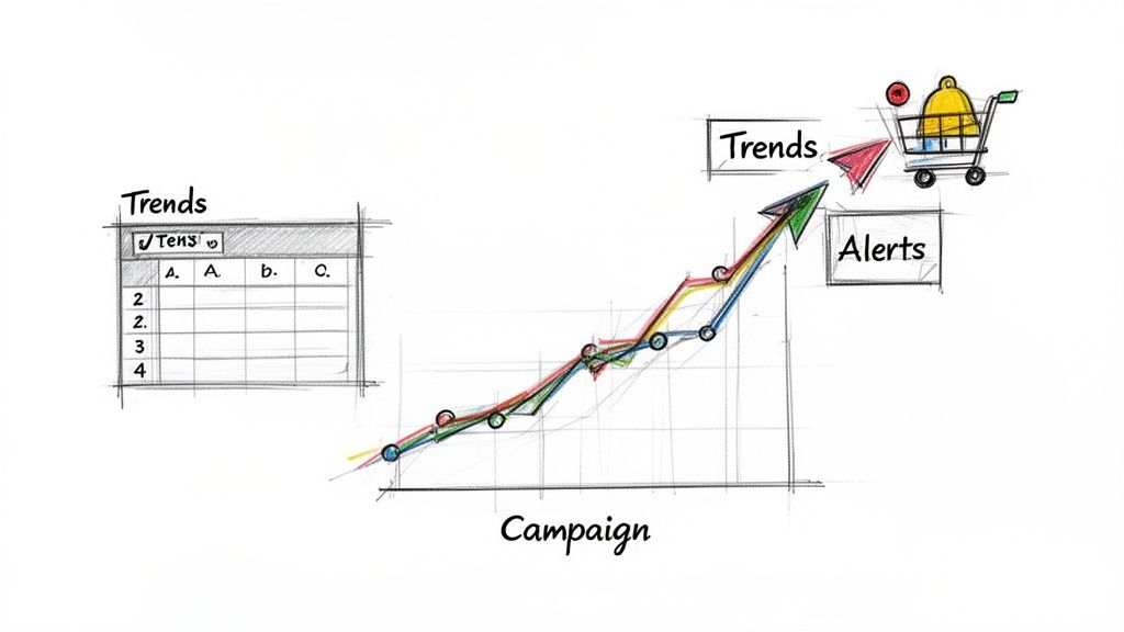 Hand-drawn business chart illustrating market trends, campaign growth, and price alerts.