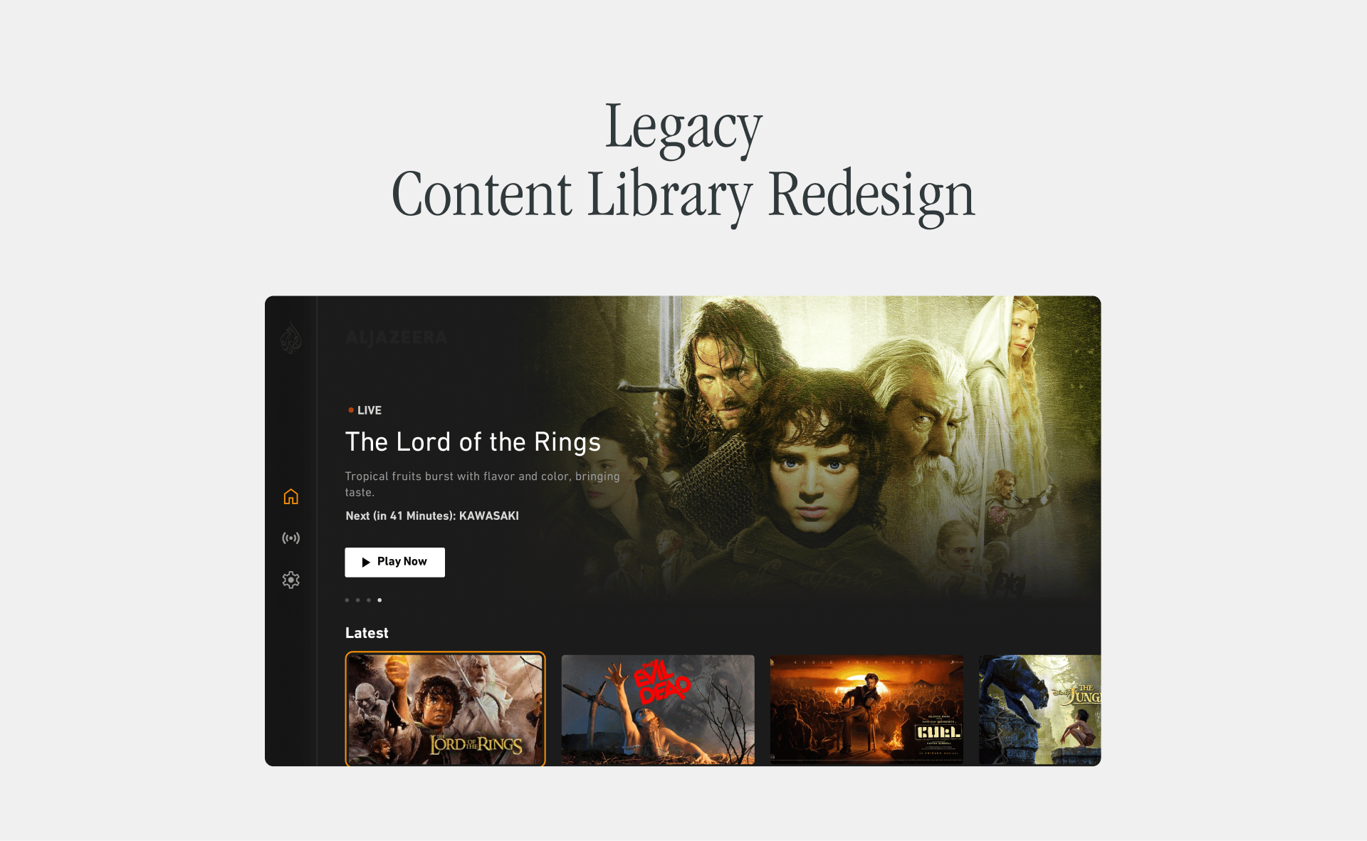 Hero screen of a legacy OTT content library redesign showing a featured film with clear hierarchy, minimal navigation, and a strong first row designed to simplify content discovery.