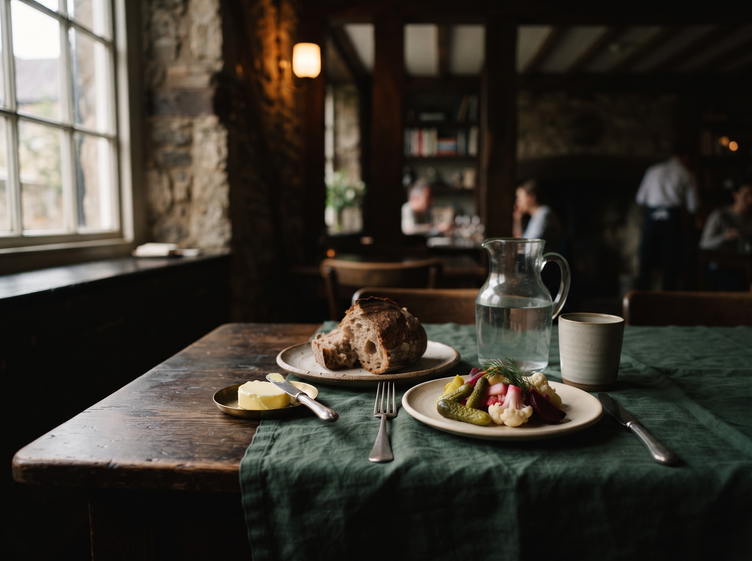 Lunch by the window: bread, butter and a plate on a green linen cloth
