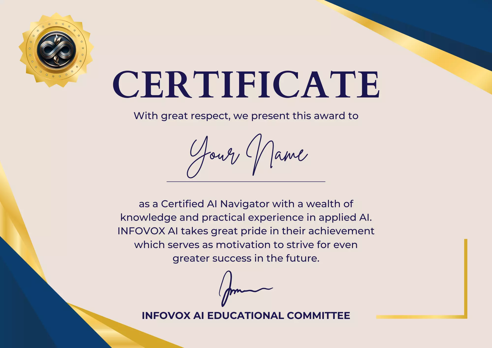 Elegant certificate of achievement with a golden seal, awarded to "your name" for expertise in applied ai, signed at the bottom right.