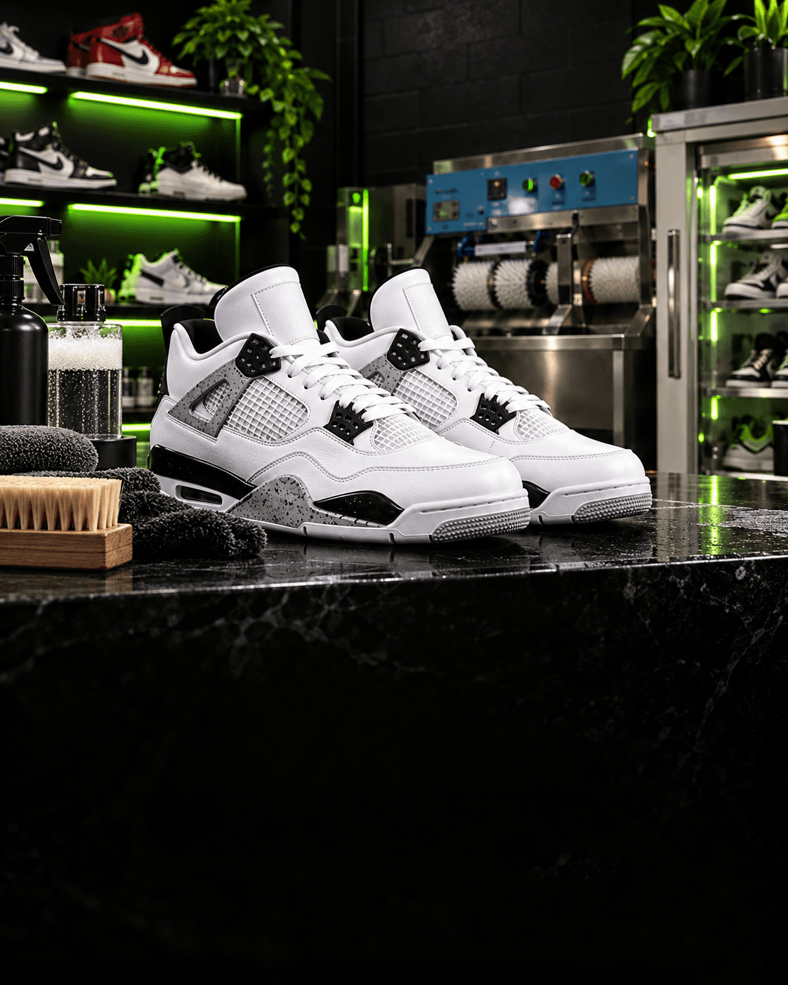 Freshly cleaned white high-top sneakers at the Big Fella Drops sneaker care station