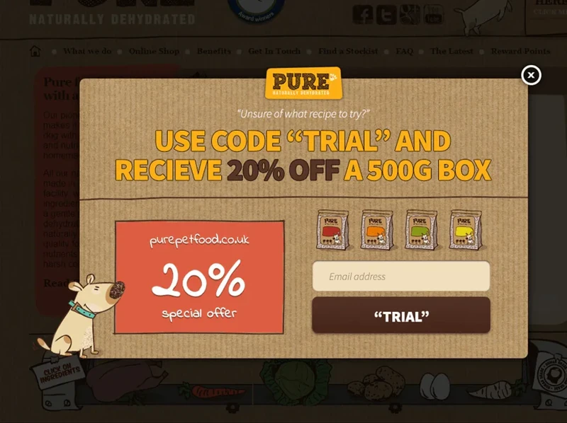 PurePetFood Discount Offer Website Pop-Up example