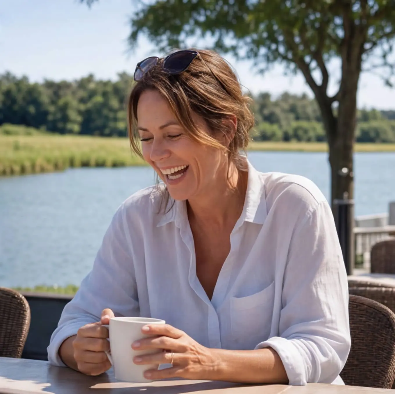 Woman laughing at outdoor waterfront café near Charleston, SC — Women's Health & Hormone Optimization at Hero Health & Hormone