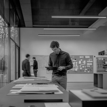 A man reading from a tablet in a collaborative office environment. Desks with documents and a discussion between colleagues are visible in the background.