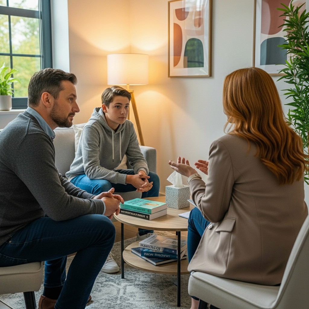 Psychologist consulting with father and son