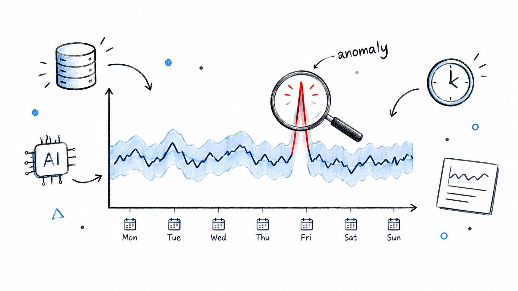 A hand-drawn illustration depicting AI analyzing time-series data to detect an anomaly in a chart.