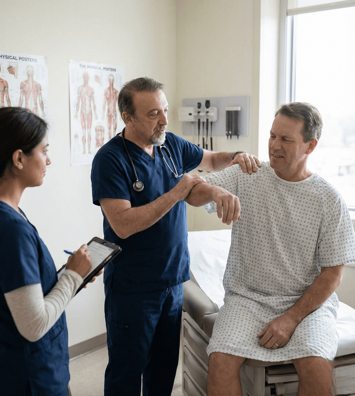 Shoulder specialist Dubai Dr. Farid Ghasemzadeh performing shoulder pain treatment assessment.