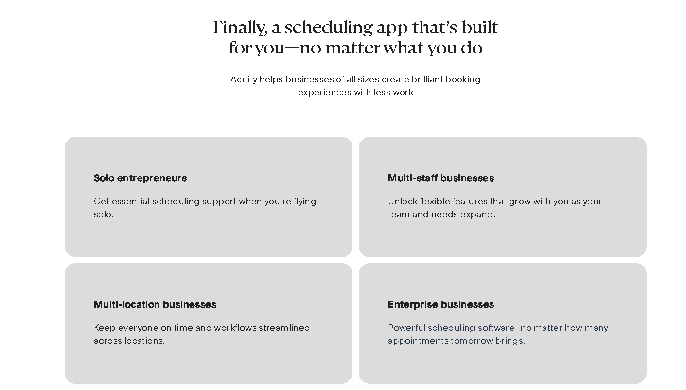 An Acuity Scheduling graphic showing service categories for solo entrepreneurs, multi-staff businesses, multi-location businesses, and enterprise companies.