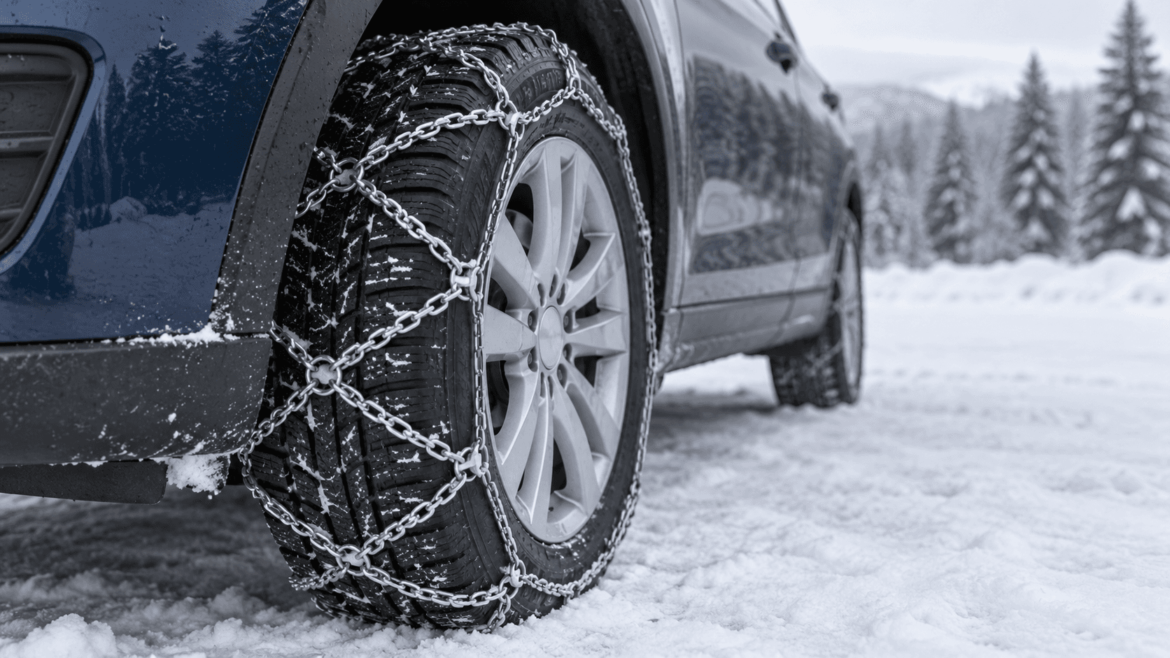 Une chaîne à neige est montée sur la roue d’une voiture à l’arrêt sur une aire enneigée.