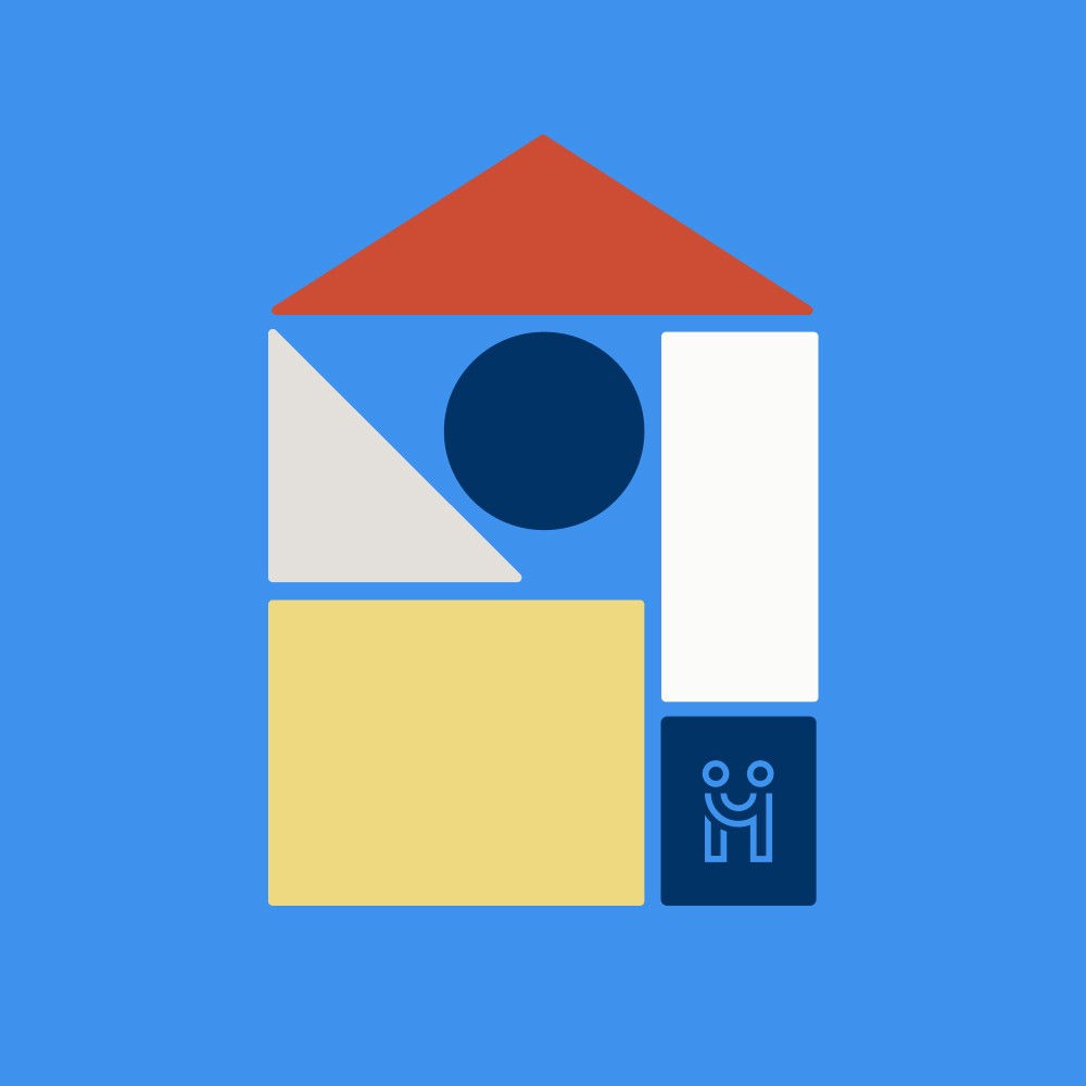 Minimalist logo design for Matthew House on a blue background, showcasing geometric shapes forming a house with a stylized smiley face in one section.
