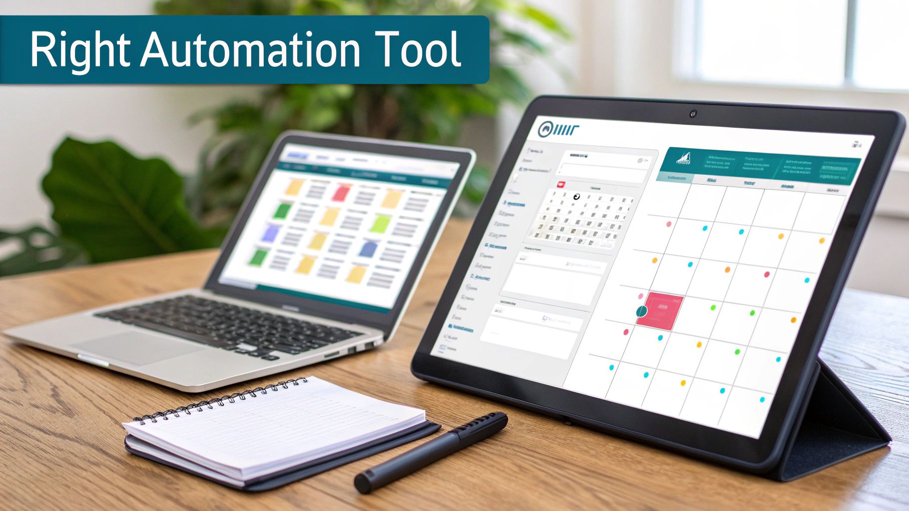 A laptop, tablet displaying a calendar, notebook, and pen on a wooden desk, symbolizing automation tools.