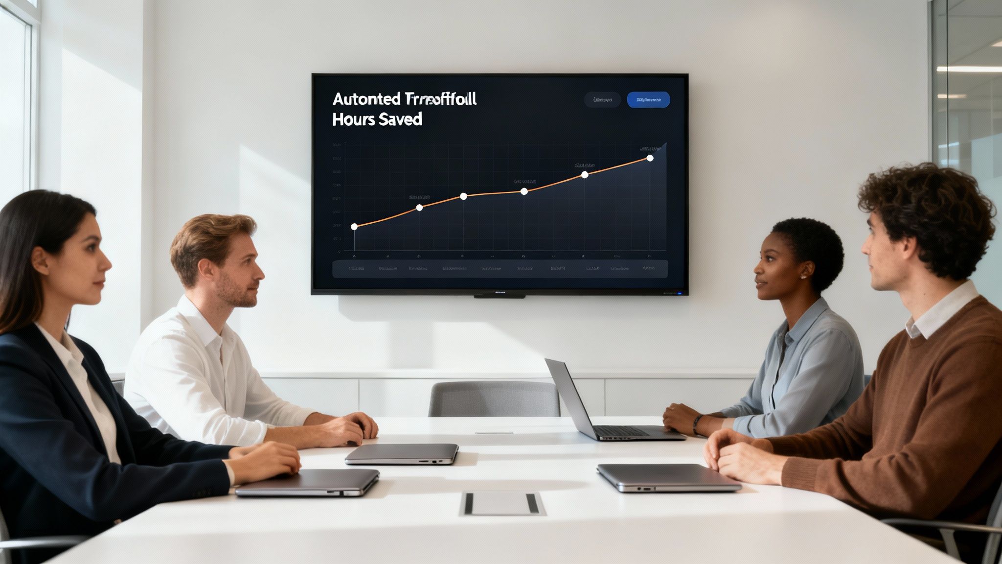 Four diverse business professionals in a meeting room observing a data graph on a large screen.