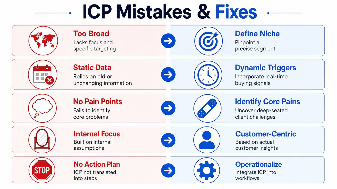 A chart comparing common mistakes made when building an ideal client profile and their corresponding solutions.
