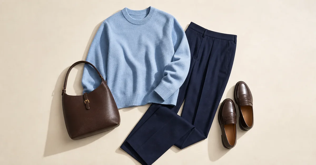 Light Blue jacket with an ivory top and chocolate brown accessory on a warm stone background