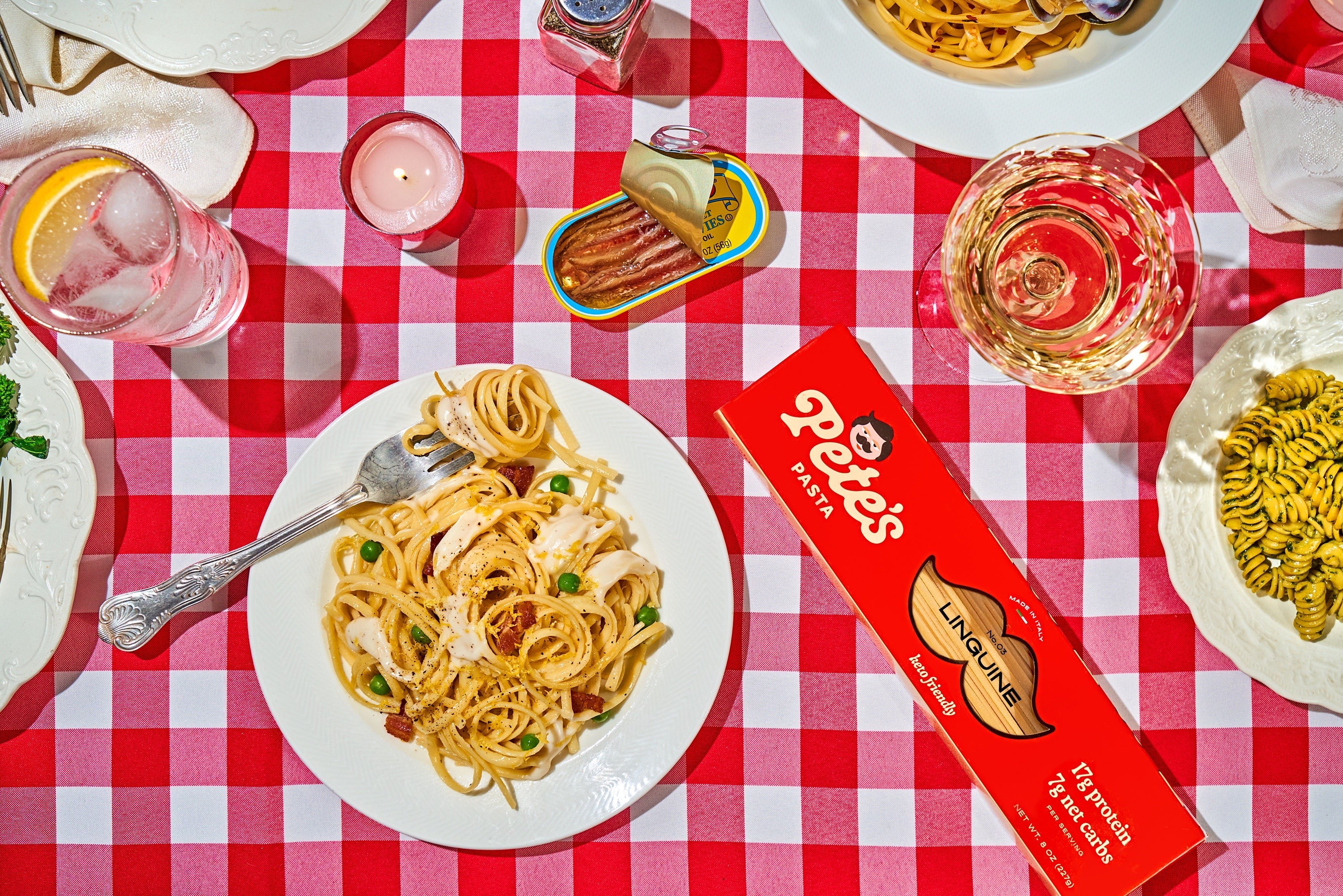 Creamy Pete’s Pasta dish with classic tabletop details
