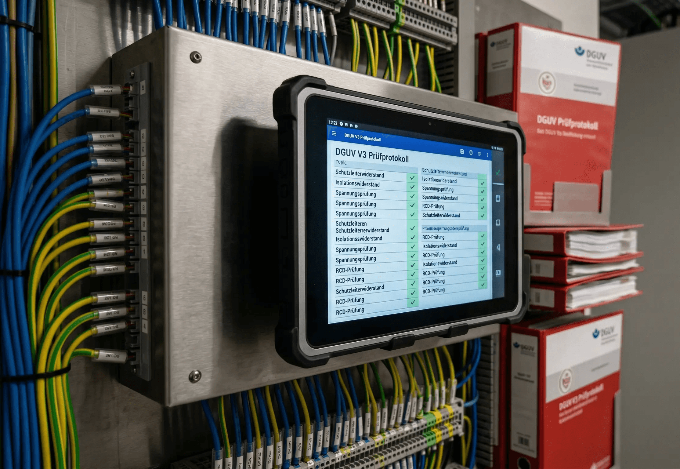 Digitale DGUV V3 Dokumentation: Ein Industrie-Tablet zeigt ein erfolgreiches Prüfprotokoll mit Messwerten wie Schutzleiterwiderstand an einer komplexen Niederspannungsverteilung der Bittermann Elektrotechnik GmbH.