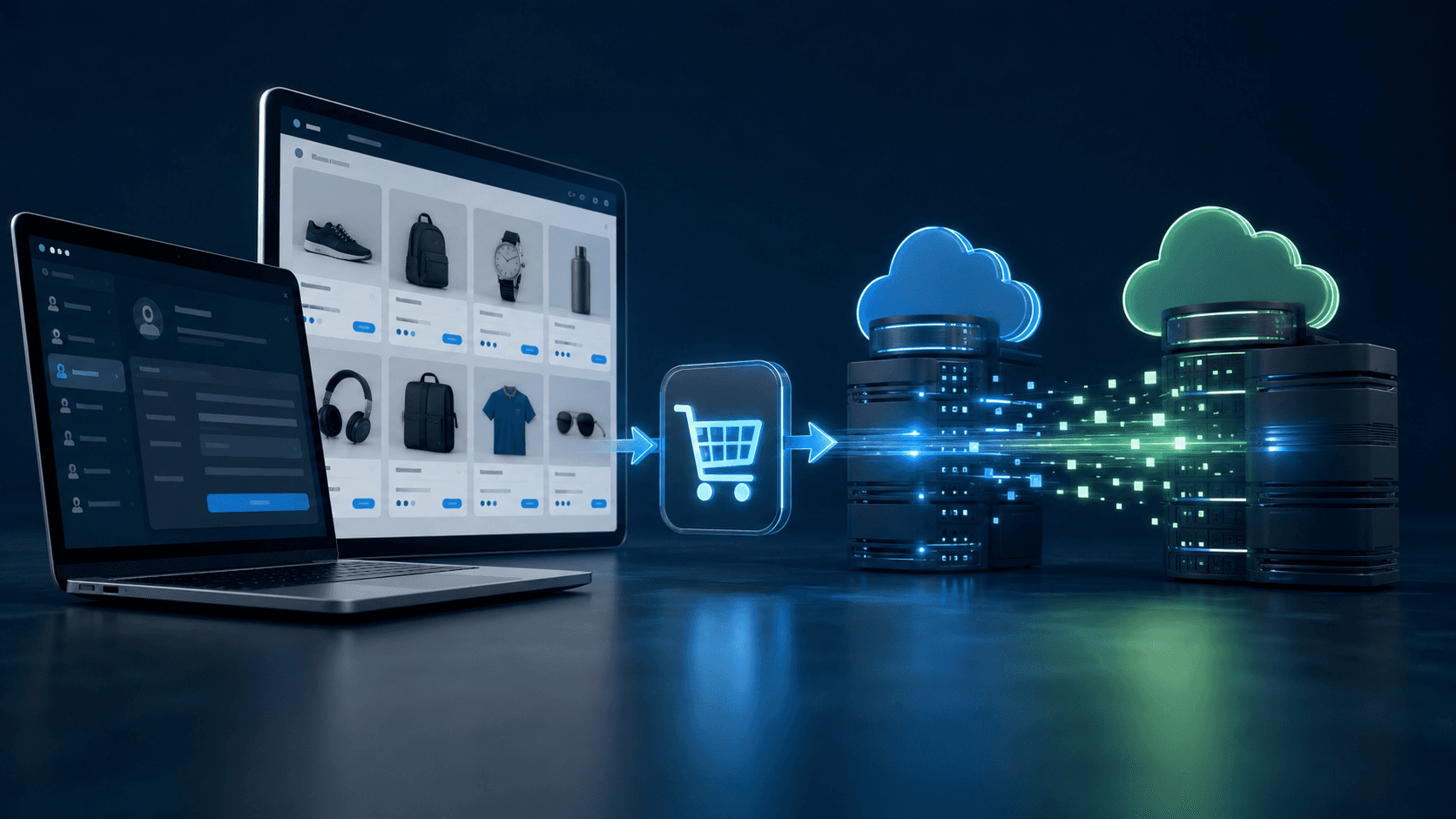 Ilustração 3D realista mostrando um ecossistema digital B2B integrado. Em primeiro plano, um notebook exibe uma interface de gestão de clientes e perfis de acesso. Ao lado, uma grande vitrine digital apresenta um catálogo de produtos organizado em grade, com imagens, preços e variações. Um ícone de carrinho representa o primeiro pedido realizado. Ao fundo, servidores modernos e estruturas em nuvem conectadas por fluxos luminosos de dados simbolizam migração de plataforma, sincronização contínua e transferência segura de informações. Elementos visuais sugerem exportação, reconfiguração e integração de sistemas sem interrupção operacional. Ambiente tecnológico, iluminação profissional, acabamento corporativo, alta definição, sem pessoas, sem texto, composição única e contínua em formato 16:9.