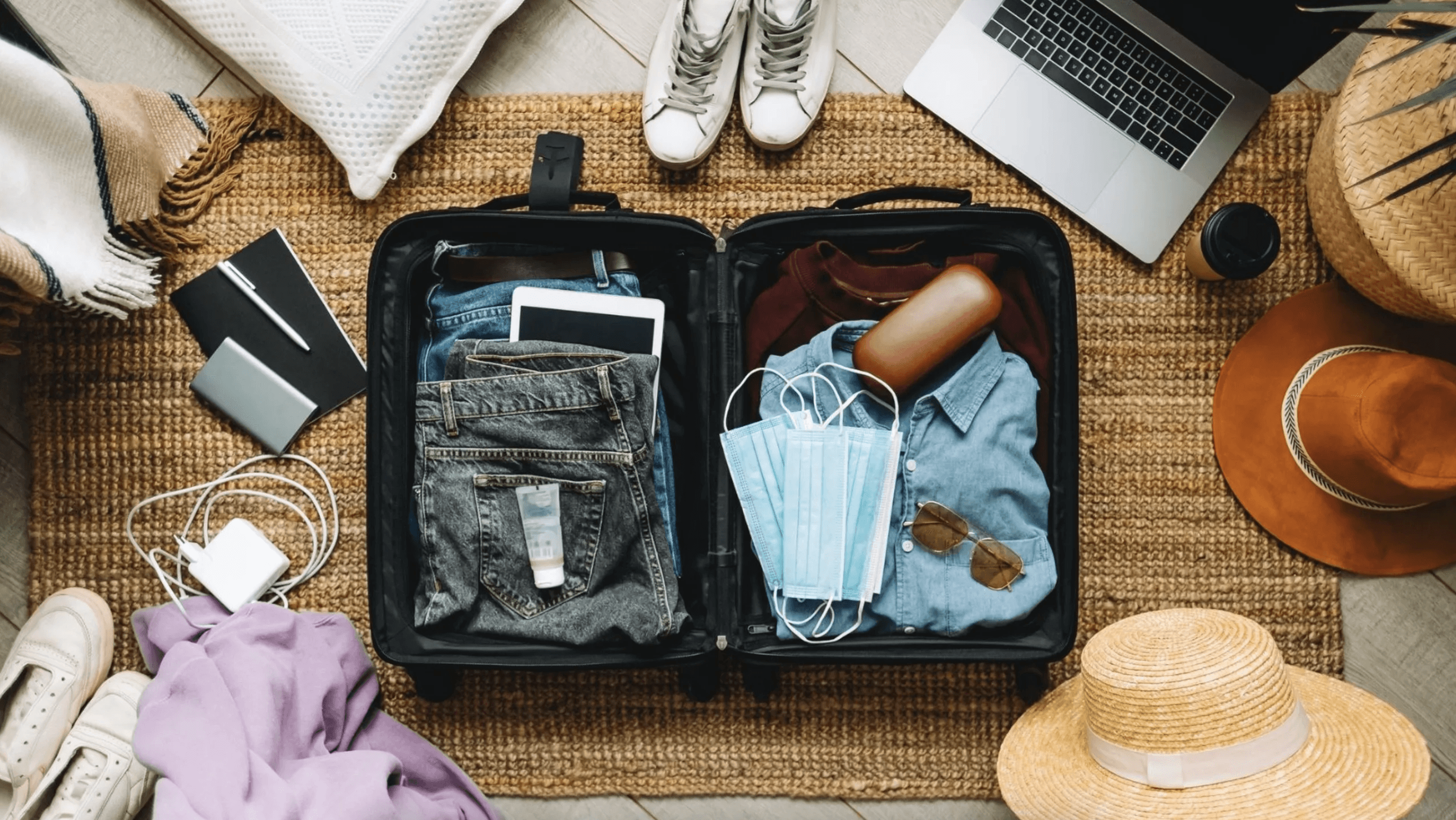 An open suitcase filled with travel items